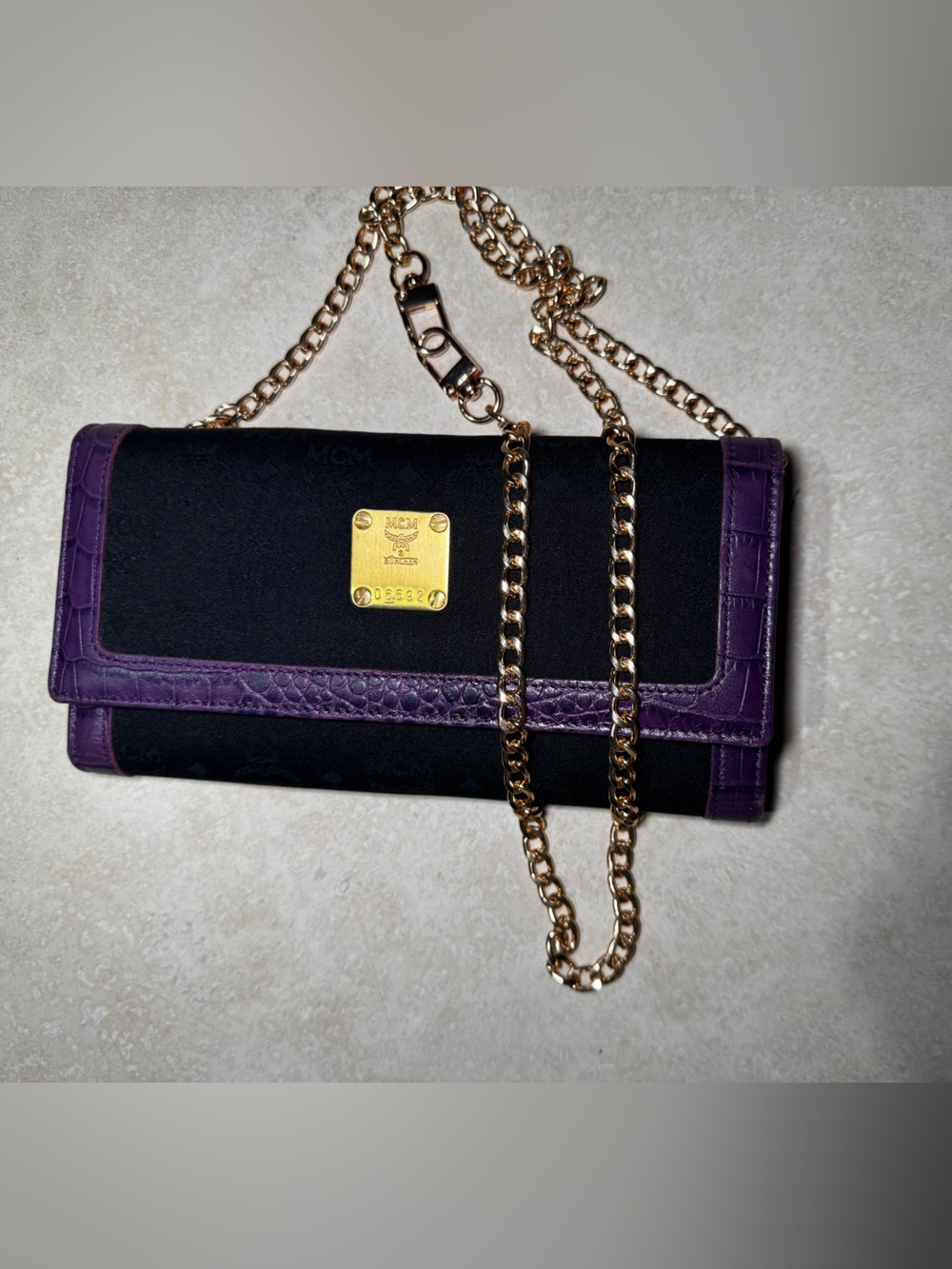 MCM Visetos Black Mono Canvas Purple Crocs Embossed Trim Long Wallet Pre -owned